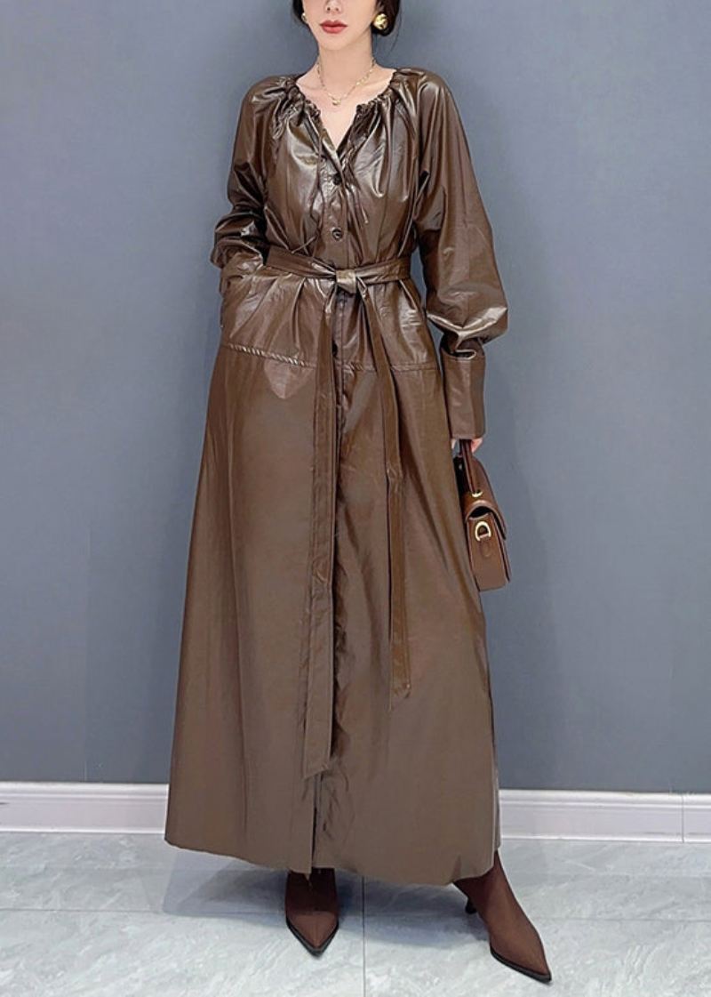 Mote Kaffe Snøring Tie Midje Kunstskinn Lang Trench Coat Fall