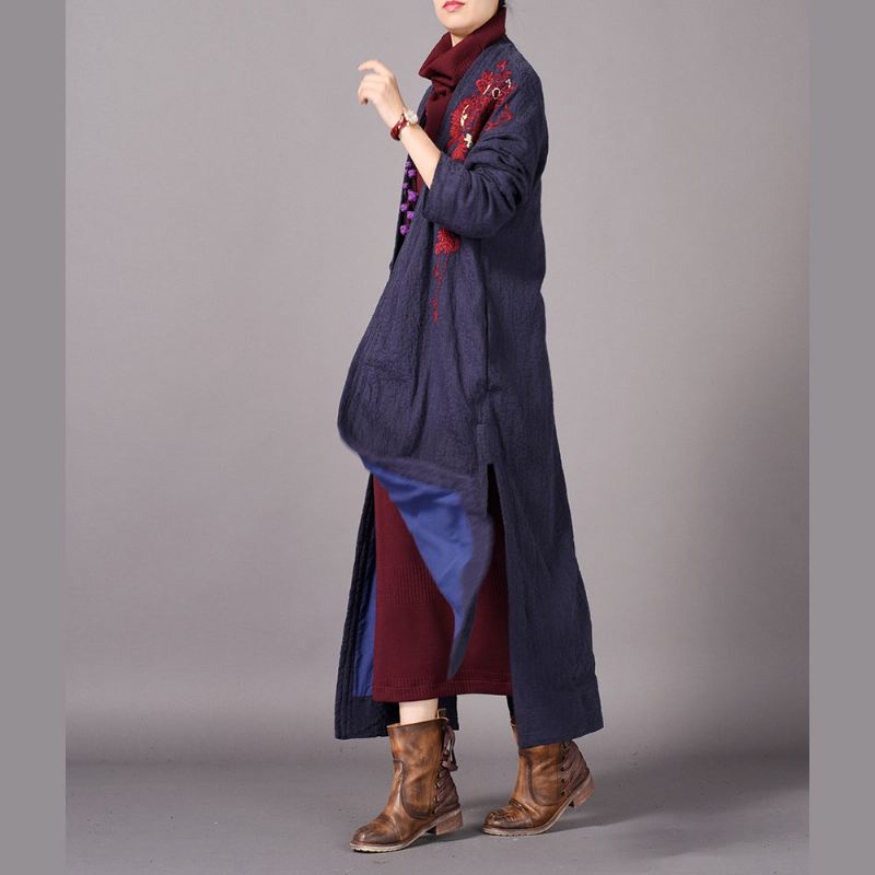 Moteblå Maxi Frakk Oversized Broderi Baggy Trenchcoat Ny Side Åpen - Gul