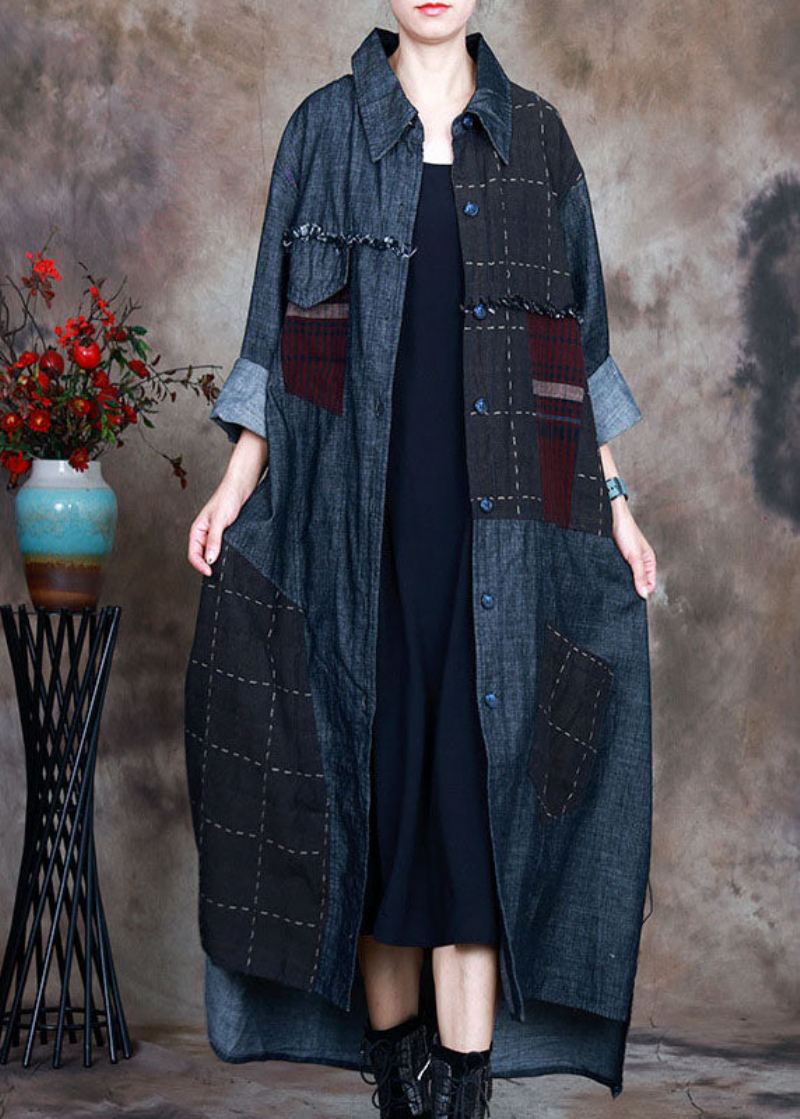 Moteblå Peterpan Krage Rutete Patchwork Denim Vinterfrakk - Trenchcoats for kvinner