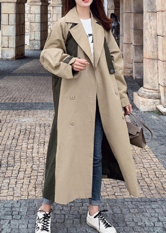 Naturlig Dobbeltbryst Fint Patchwork Lange Kåper Khaki Oversized