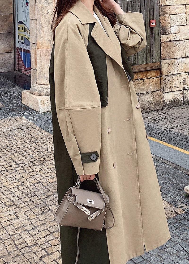 Naturlig Dobbeltbryst Fint Patchwork Lange Kåper Khaki Oversized - Trenchcoats for kvinner