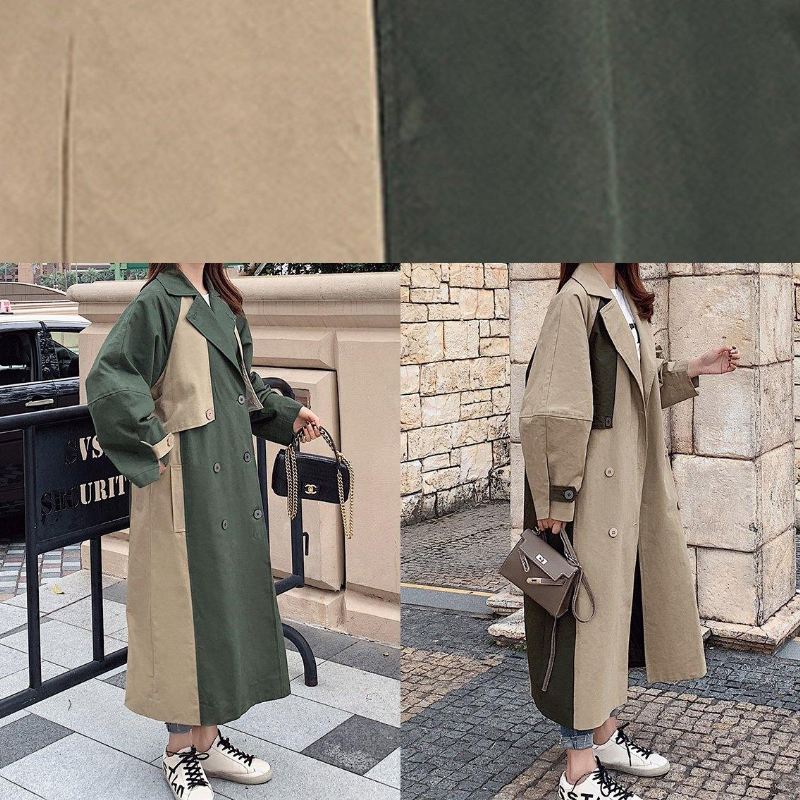 Naturlig Dobbeltbryst Fint Patchwork Lange Kåper Khaki Oversized - Trenchcoats for kvinner