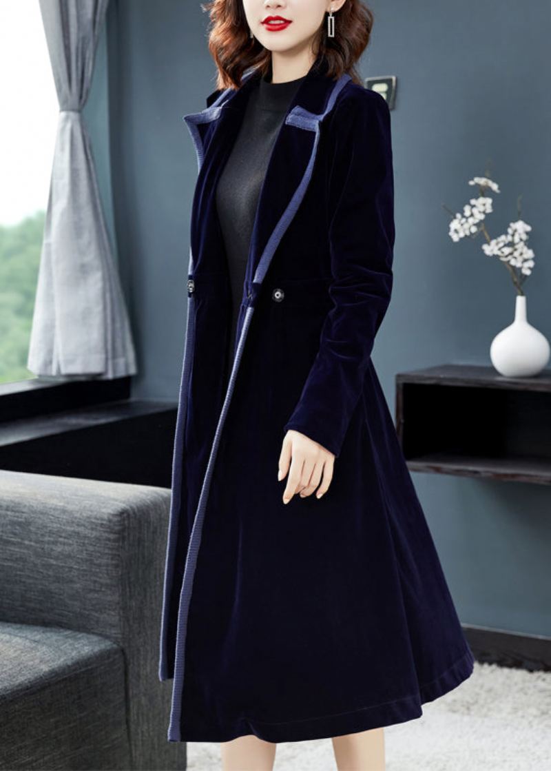 Naturlig Marineblå Peter Pan Krage Button Patchwork Velour Trench Coat Fall - Trenchcoats for kvinner