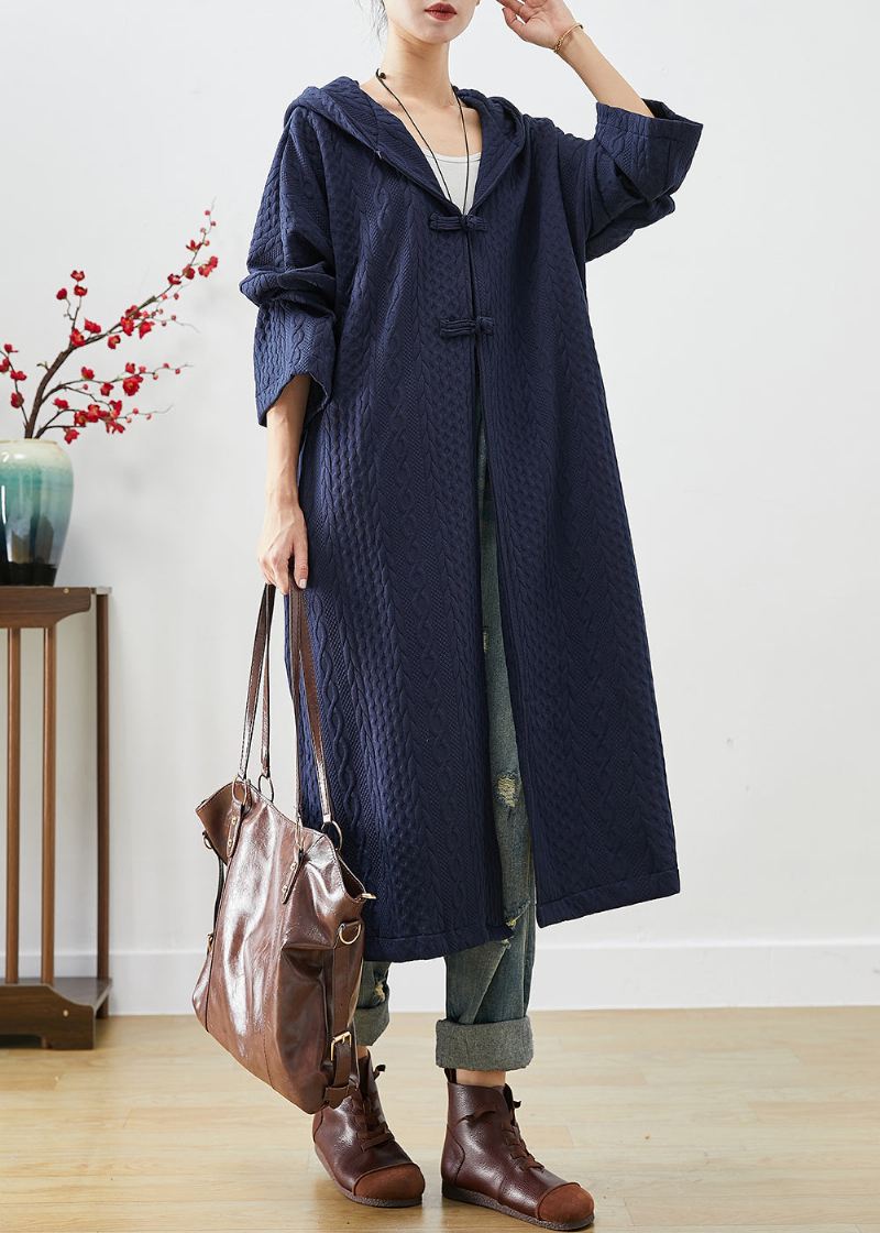 Navy Cotton Trench Coat Oversized Kinesisk Knapp Fall