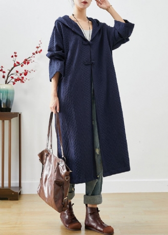 Navy Cotton Trench Coat Oversized Kinesisk Knapp Fall