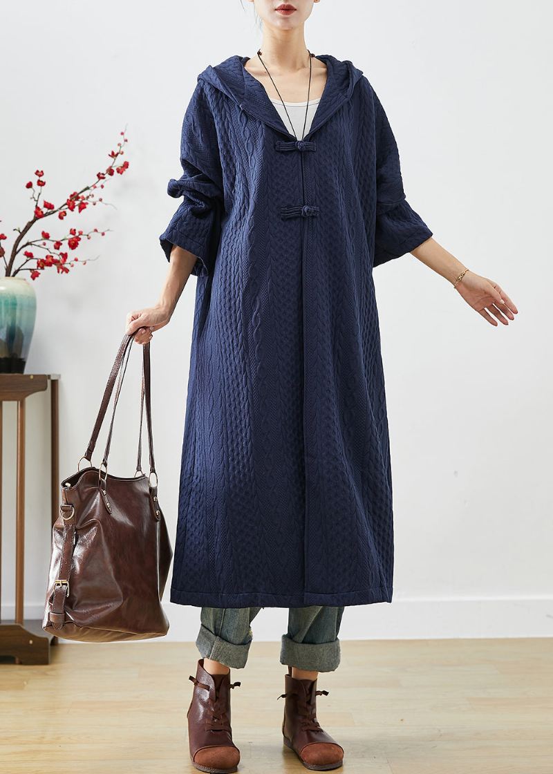 Navy Cotton Trench Coat Oversized Kinesisk Knapp Fall - Trenchcoats for kvinner