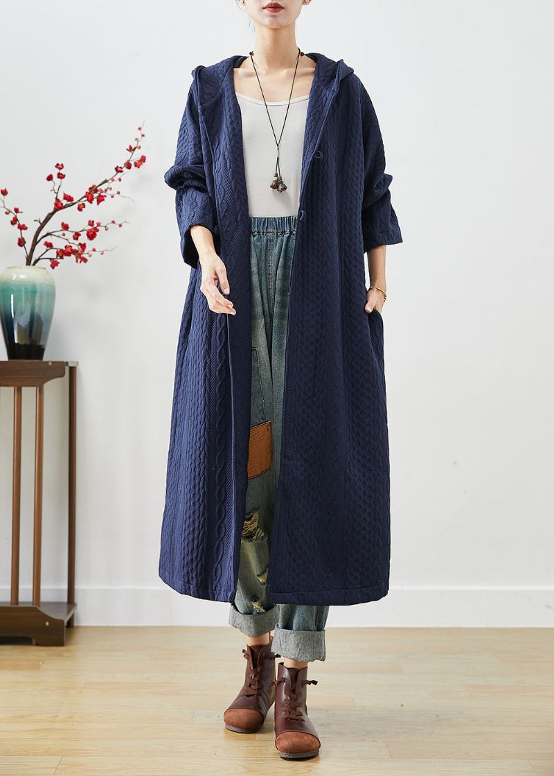 Navy Cotton Trench Coat Oversized Kinesisk Knapp Fall - Trenchcoats for kvinner