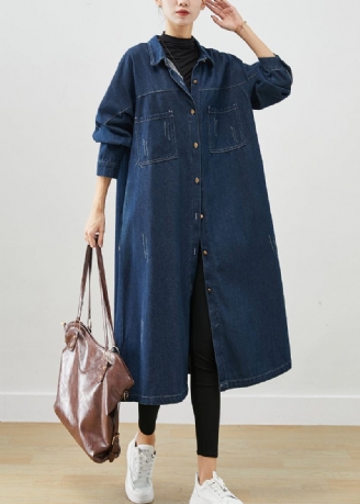 Navy Denim Trench Coats Overdimensjonerte Lommer Fall