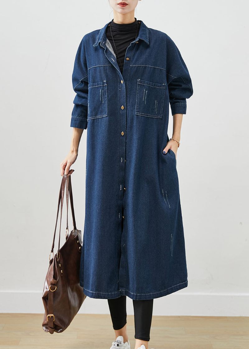 Navy Denim Trench Coats Overdimensjonerte Lommer Fall - Trenchcoats for kvinner