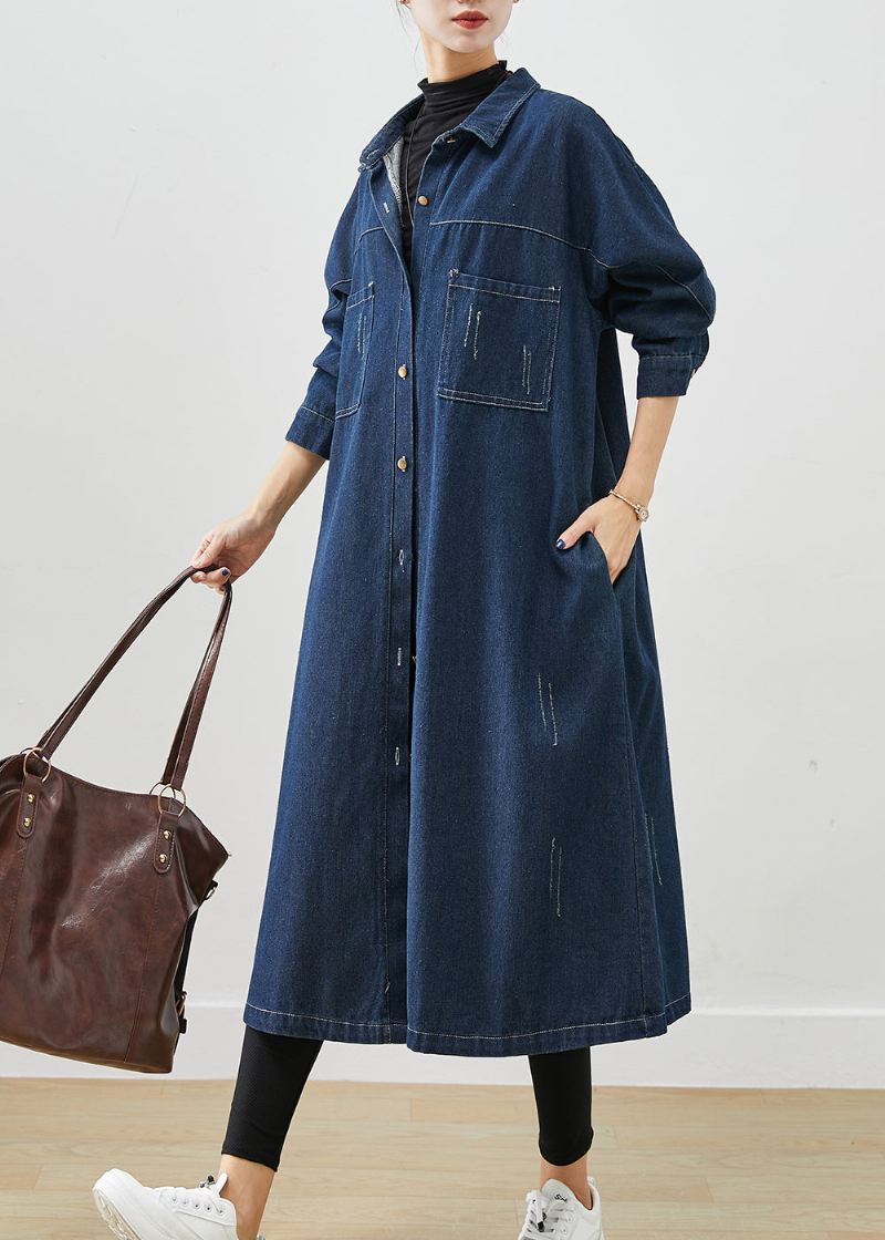 Navy Denim Trench Coats Overdimensjonerte Lommer Fall - Trenchcoats for kvinner