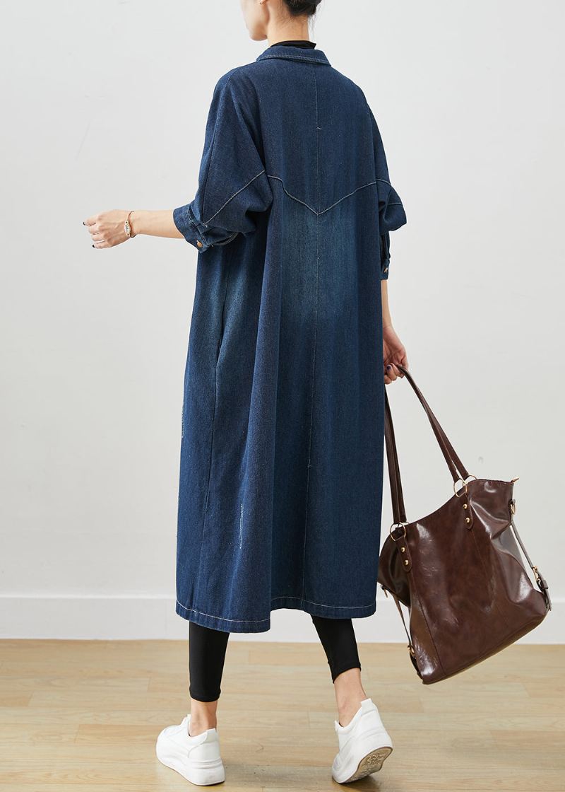 Navy Denim Trench Coats Overdimensjonerte Lommer Fall - Trenchcoats for kvinner