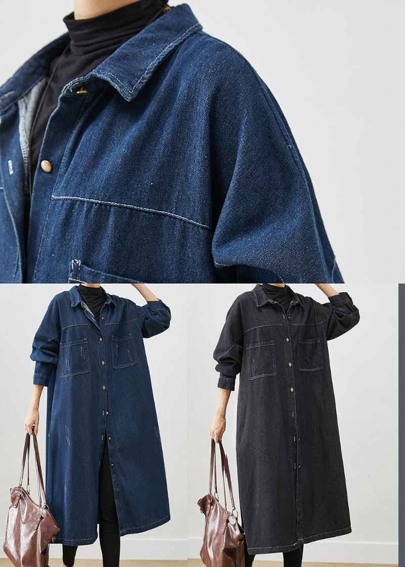 Navy Denim Trench Coats Overdimensjonerte Lommer Fall - Trenchcoats for kvinner