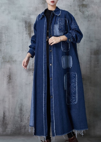 Navy Patchwork Applique Denim Trench Oversized Spring