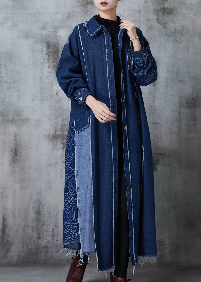 Navy Patchwork Applique Denim Trench Oversized Spring - Trenchcoats for kvinner