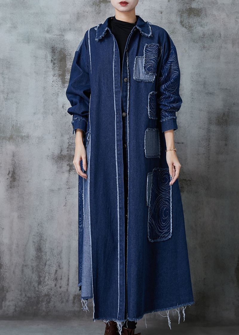 Navy Patchwork Applique Denim Trench Oversized Spring - Trenchcoats for kvinner