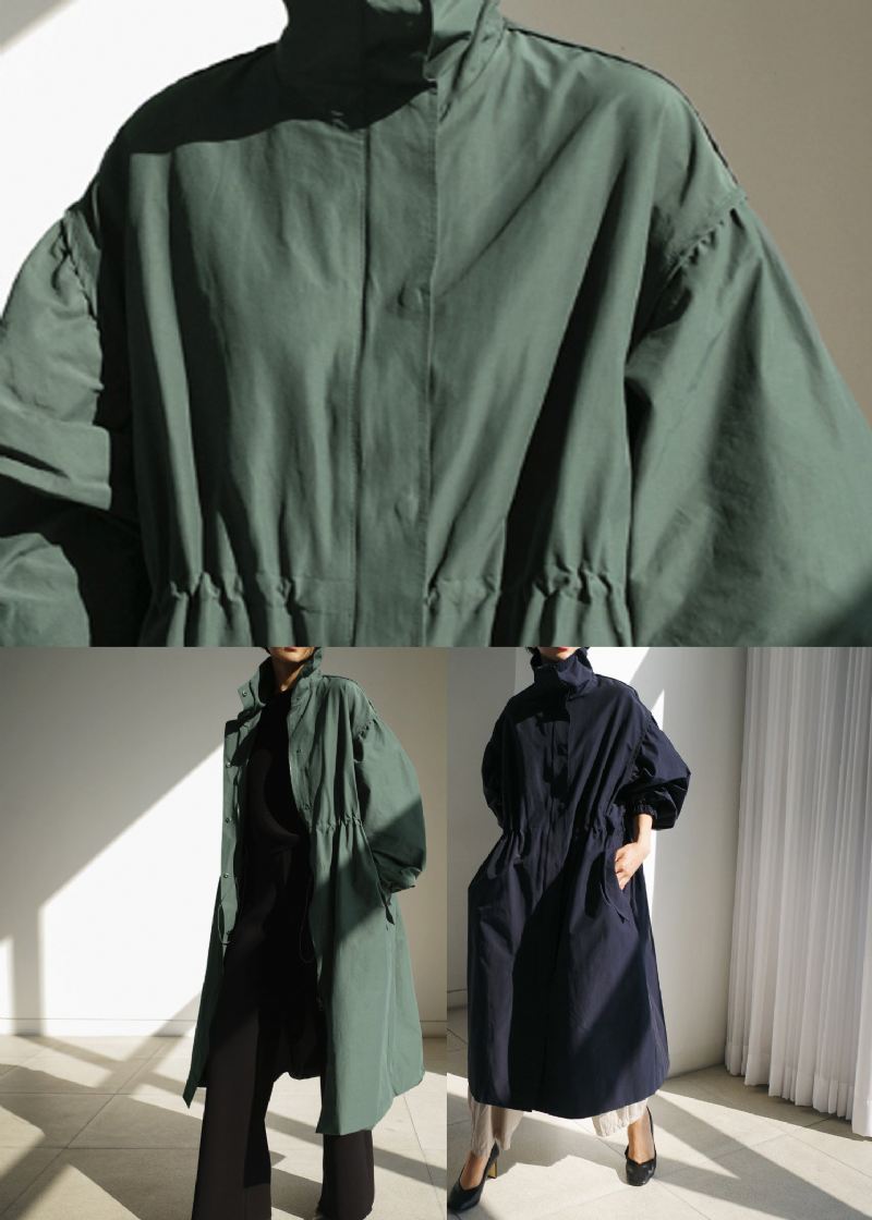 Navy Stativ Krage Glidelås Trench Coats Lange Ermer - Marine