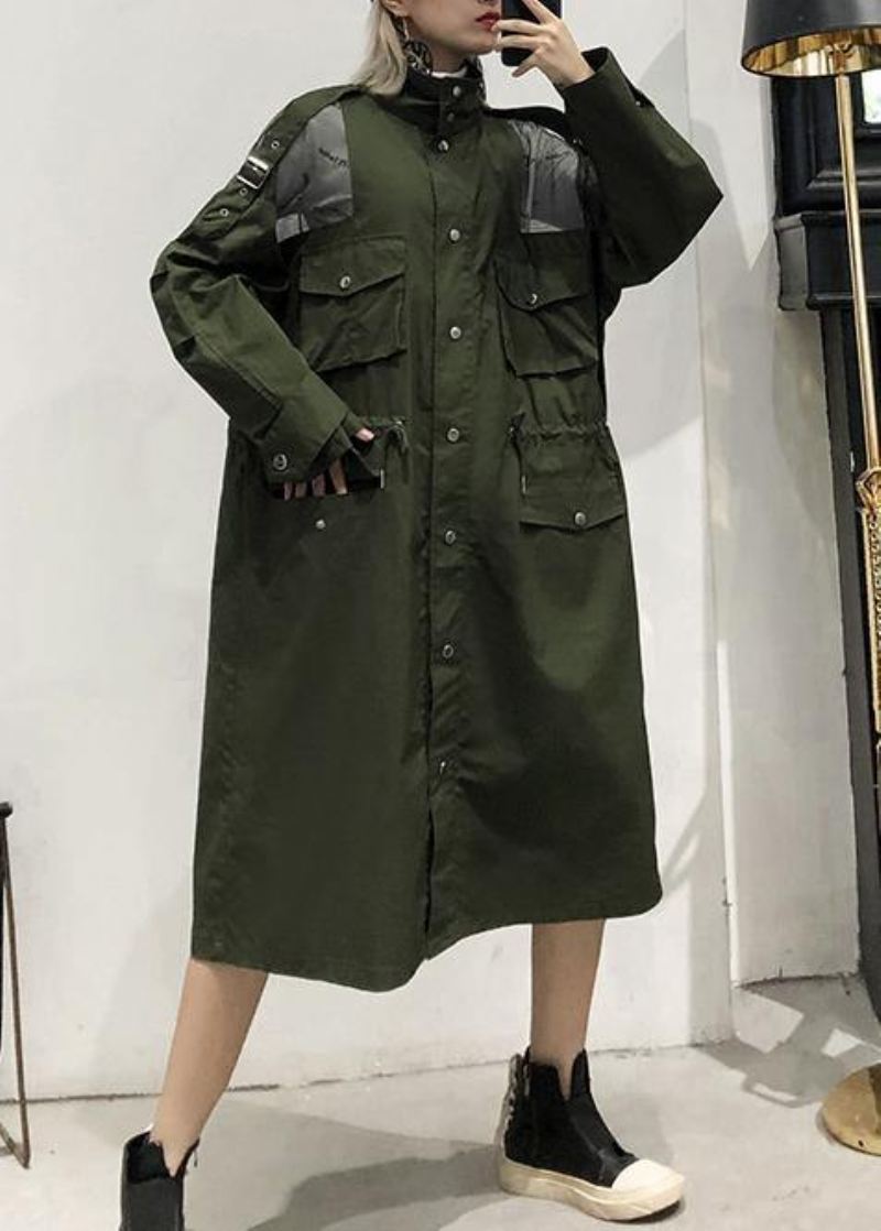 Ny Armygrønn Overfrakk Trendy Plus Size Lange Jakkeslag Med Snøring - Trenchcoats for kvinner