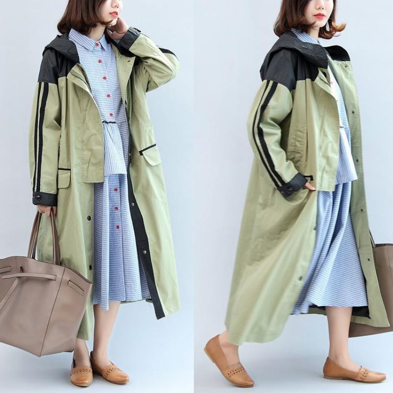 Ny Høst Linght Grønn Patchwork Bomull Yttertøy Plus Size Hette Maxi Kåpe - Trenchcoats for kvinner