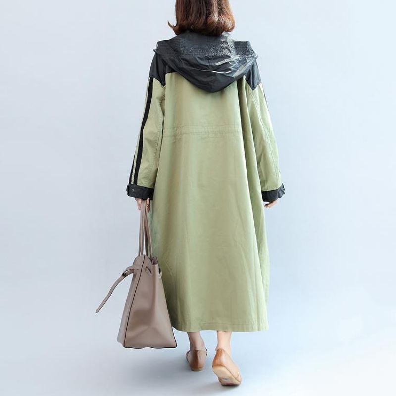 Ny Høst Linght Grønn Patchwork Bomull Yttertøy Plus Size Hette Maxi Kåpe - Trenchcoats for kvinner