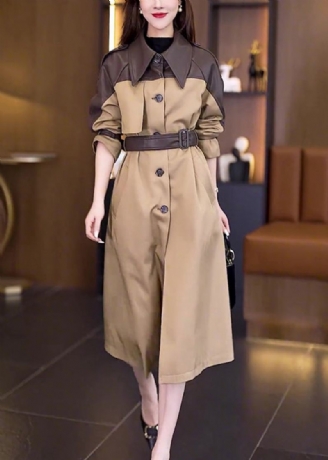 Ny Khaki Button Tie Midje Patchwork Cotton Lang Trench Coat Fall