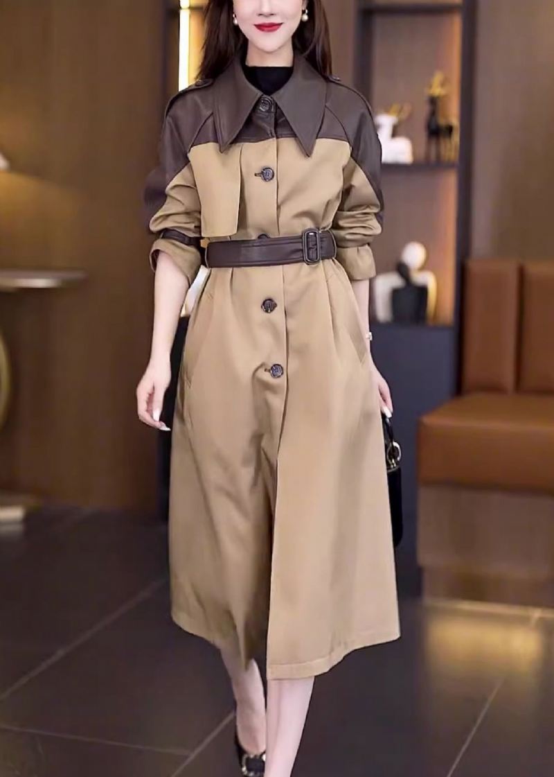 Ny Khaki Button Tie Midje Patchwork Cotton Lang Trench Coat Fall - Trenchcoats for kvinner