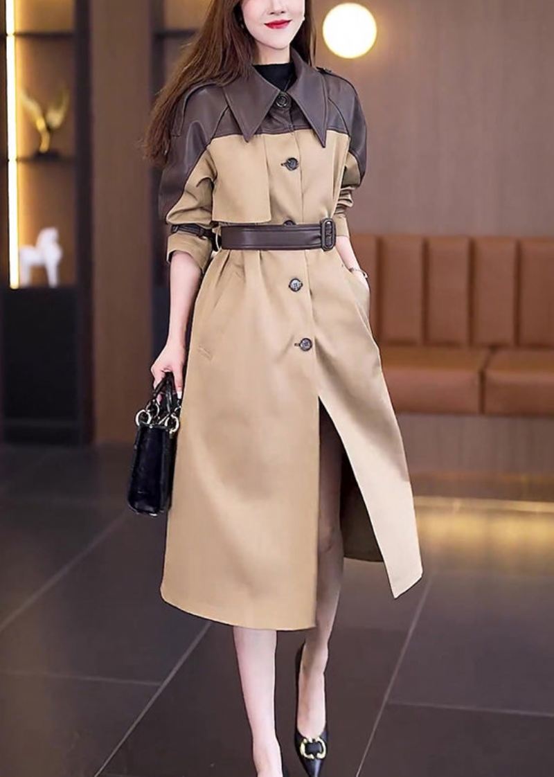 Ny Khaki Button Tie Midje Patchwork Cotton Lang Trench Coat Fall - Trenchcoats for kvinner