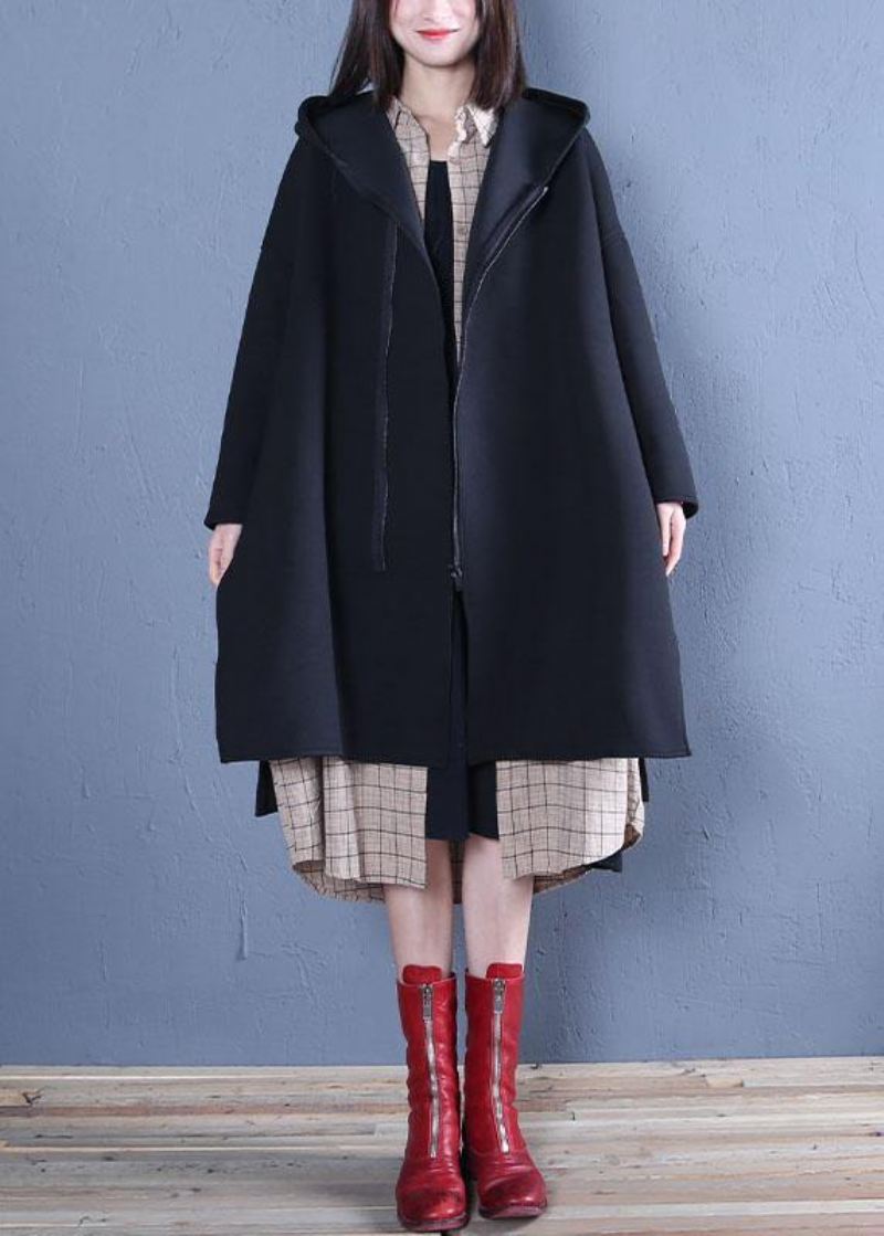 Ny Oversized Mellomlang Kåpe Fall Black Hette Kåper - Trenchcoats for kvinner