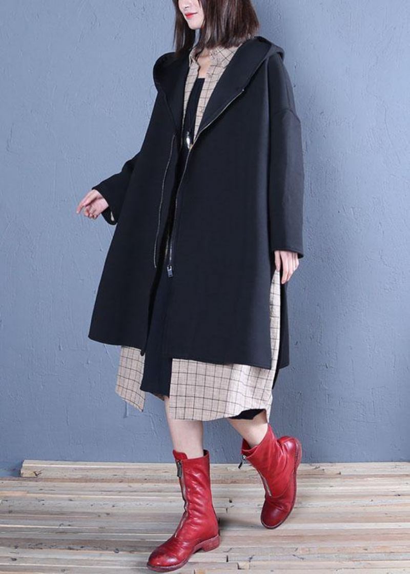 Ny Oversized Mellomlang Kåpe Fall Black Hette Kåper - Trenchcoats for kvinner