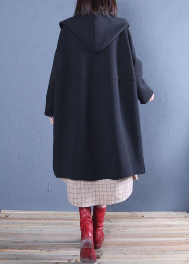 Ny Oversized Mellomlang Kåpe Fall Black Hette Kåper - Trenchcoats for kvinner