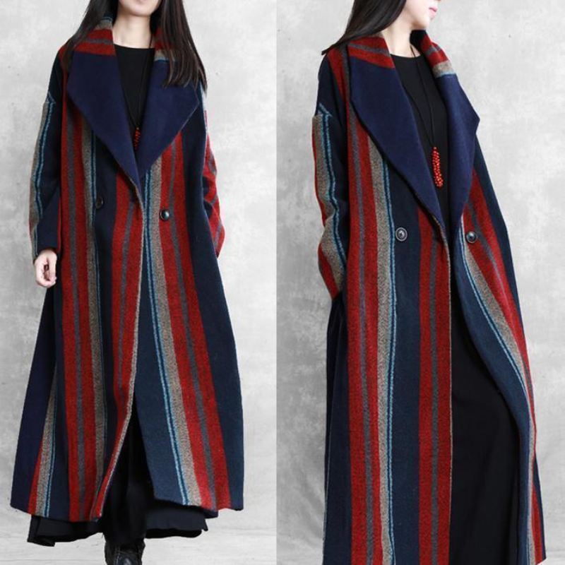 Ny Plus Size Maxi Kåpe Blå Rød Stripet Hakk Knytebånd I Midjen Ulljakker - Trenchcoats for kvinner