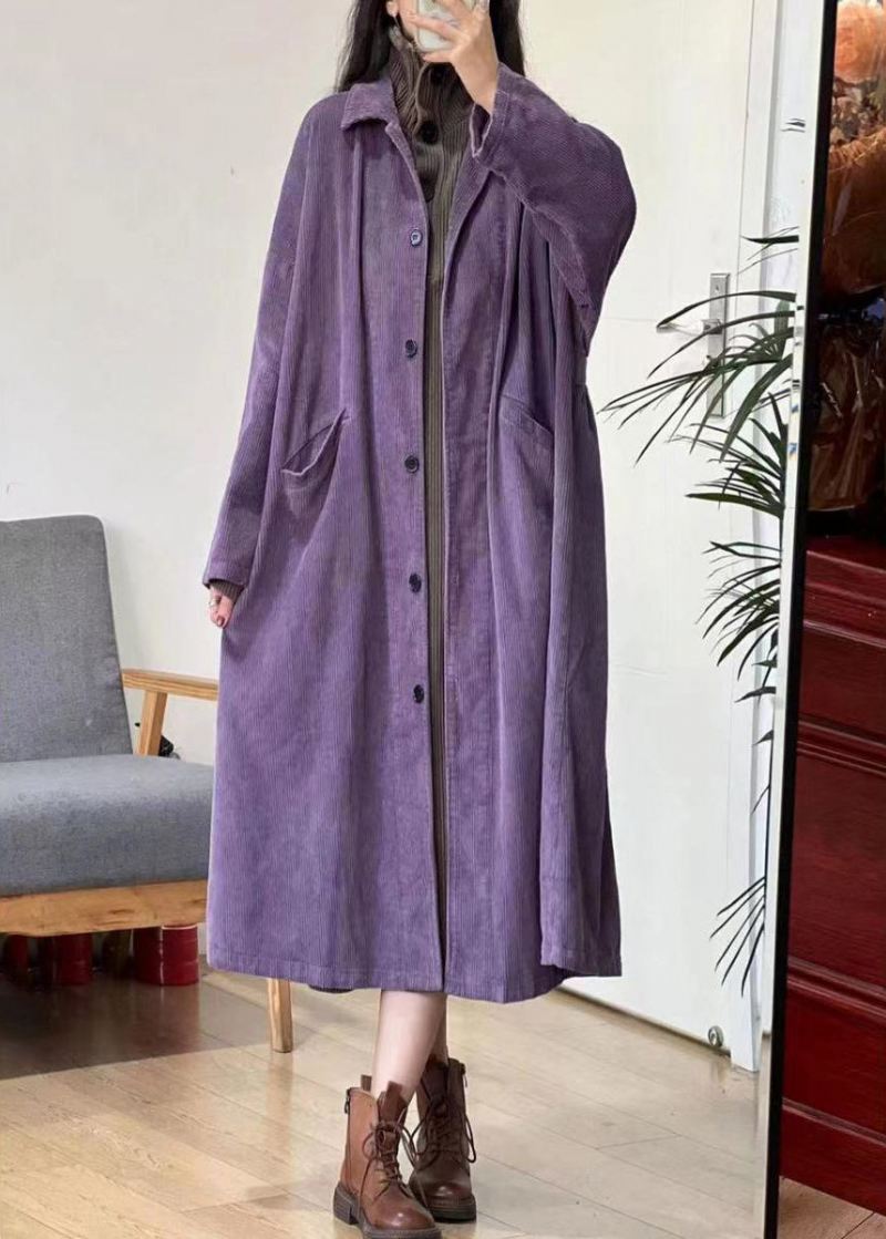 Nye Carmel Button Lommer Corduroy Lang Trench Coat Langermet - Trenchcoats for kvinner