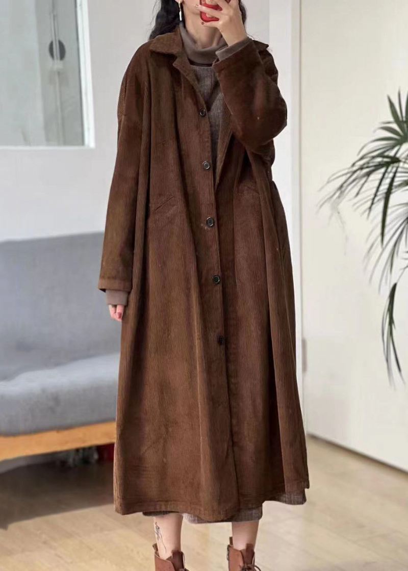 Nye Carmel Button Lommer Corduroy Lang Trench Coat Langermet - Trenchcoats for kvinner