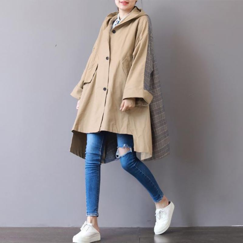 Nye Khaki Kåper Pluss Størrelse Hette Lav Høy Design Kåpe Boutique Patchwork Vinter Trench Coat - Trenchcoats for kvinner