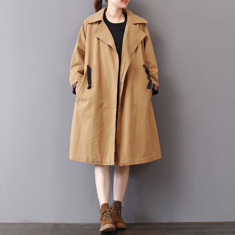 Nye Khaki Kåper Pluss Størrelse Jakkeslag Krage Outwear Vintage Wild Coat