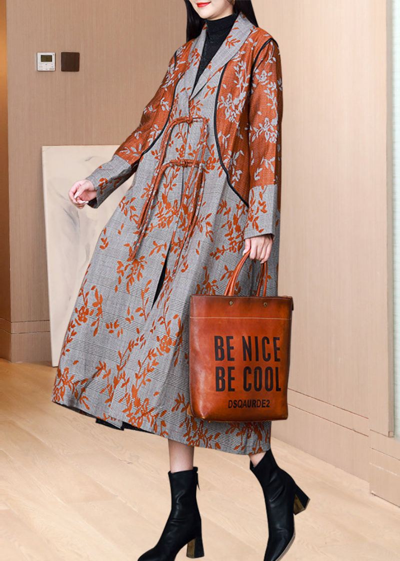 Oransje Lommer Print Cotton Trench Tasseled Kinesisk Knapp Fall - Trenchcoats for kvinner