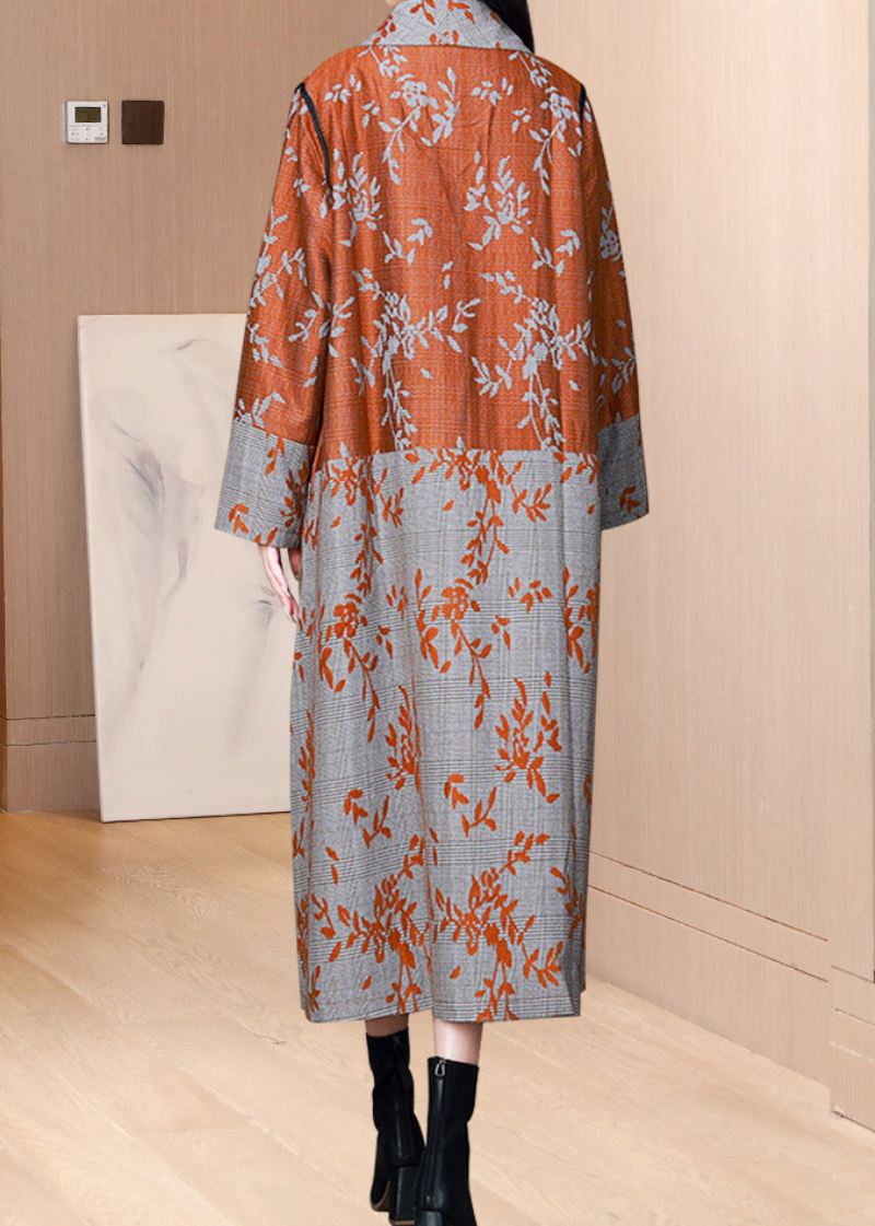 Oransje Lommer Print Cotton Trench Tasseled Kinesisk Knapp Fall - Trenchcoats for kvinner