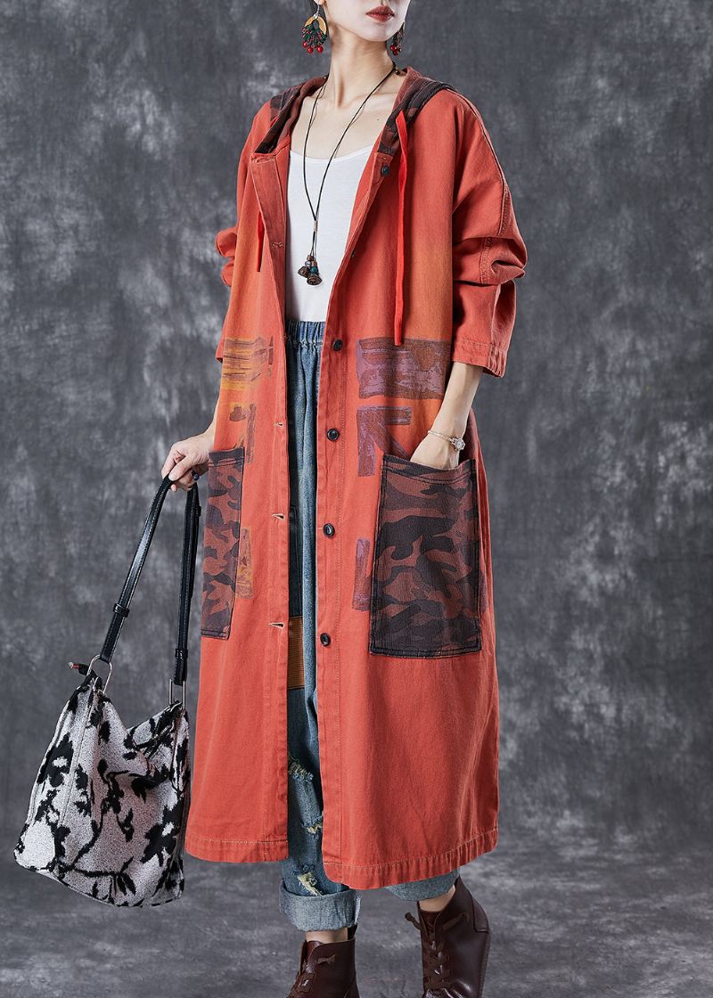 Oransje Patchwork Cotton Trench Overdimensjonerte Store Lommer Fall