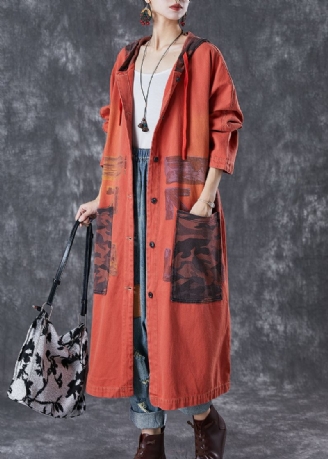 Oransje Patchwork Cotton Trench Overdimensjonerte Store Lommer Fall