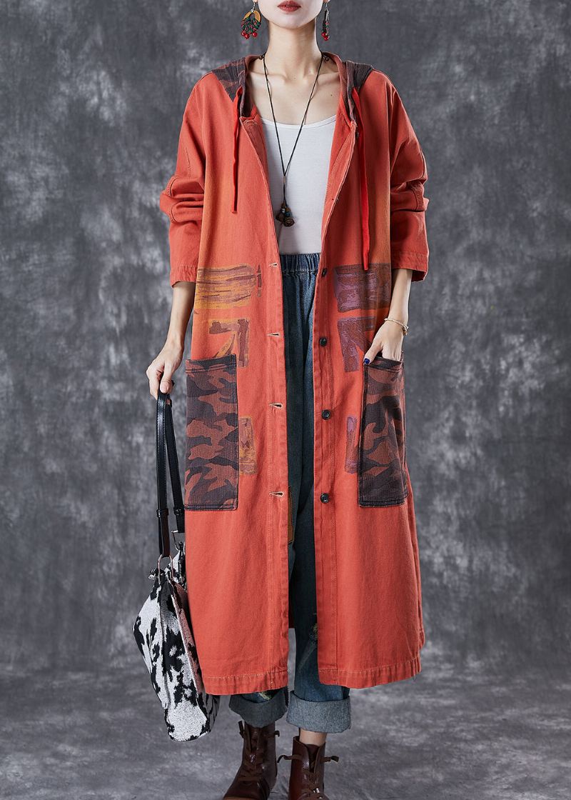 Oransje Patchwork Cotton Trench Overdimensjonerte Store Lommer Fall - Trenchcoats for kvinner