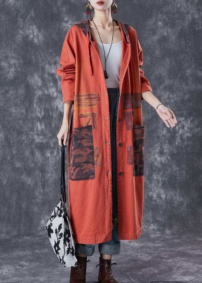 Oransje Patchwork Cotton Trench Overdimensjonerte Store Lommer Fall - Trenchcoats for kvinner