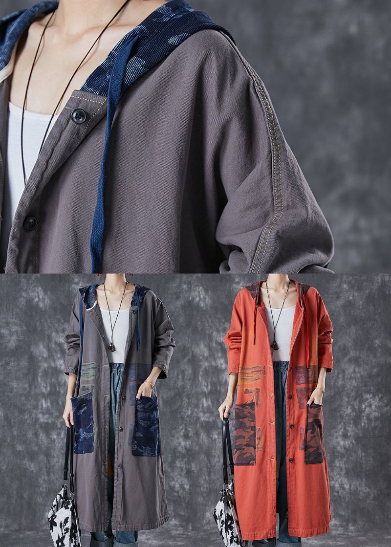 Oransje Patchwork Cotton Trench Overdimensjonerte Store Lommer Fall - Trenchcoats for kvinner