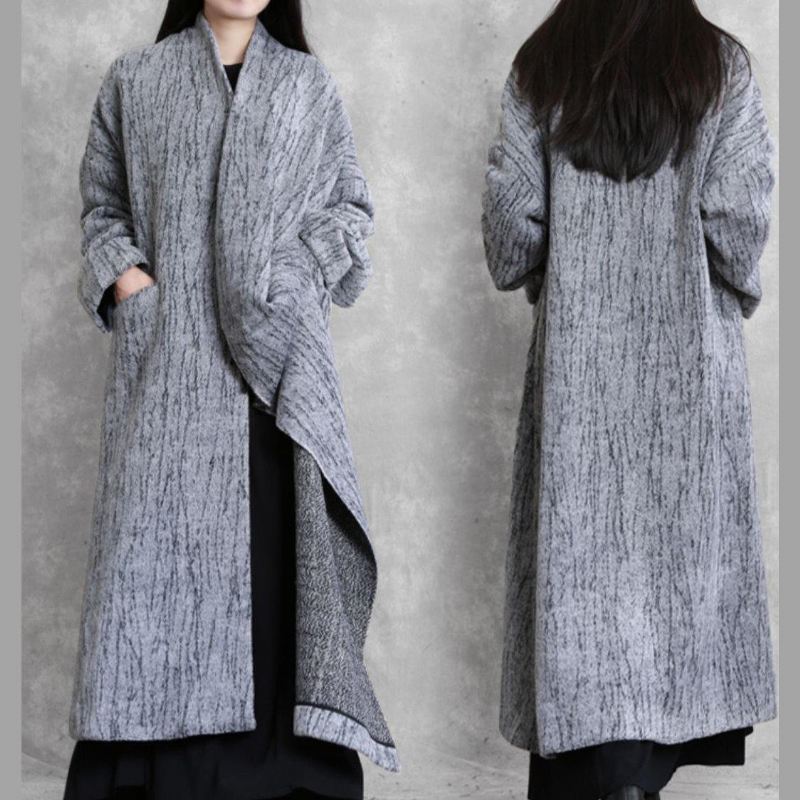 Oversized Lang Frakk Kvinner Grå Asymmetriske Lommer Ullfrakker Dame - Trenchcoats for kvinner