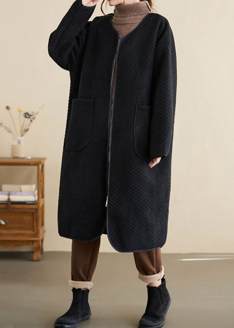 Oversized Svarte Glidelåslommer Patchwork Bomullsgrav Vinter - Trenchcoats for kvinner