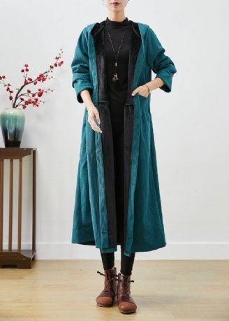 Peacock Green Overdimensjonert Varm Fleece Cordfløyel Trench Hette Vinter