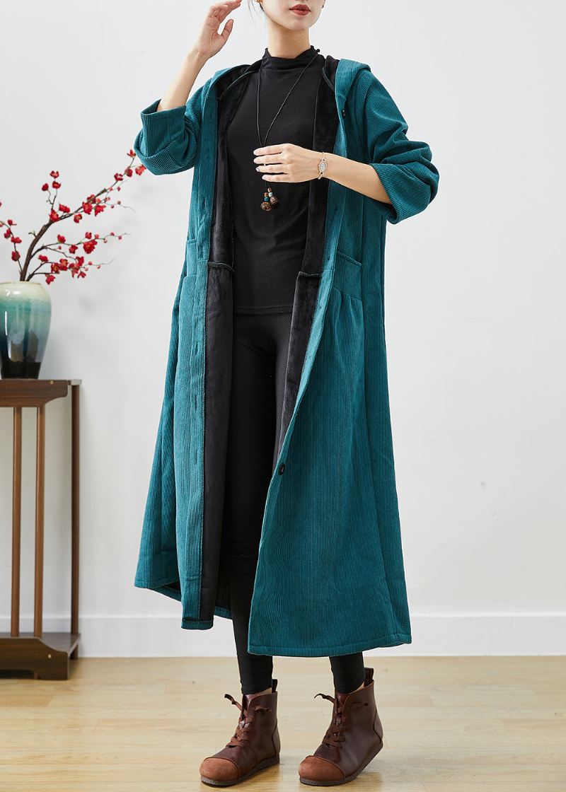 Peacock Green Overdimensjonert Varm Fleece Cordfløyel Trench Hette Vinter - Trenchcoats for kvinner