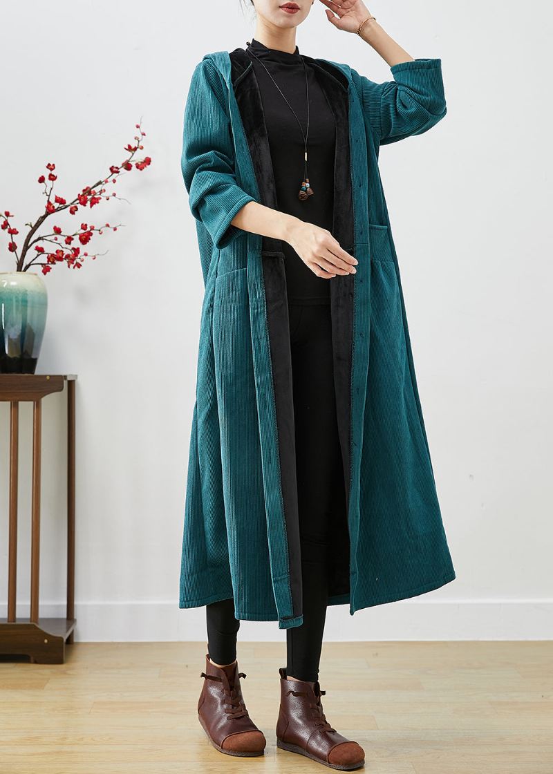 Peacock Green Overdimensjonert Varm Fleece Cordfløyel Trench Hette Vinter - Trenchcoats for kvinner