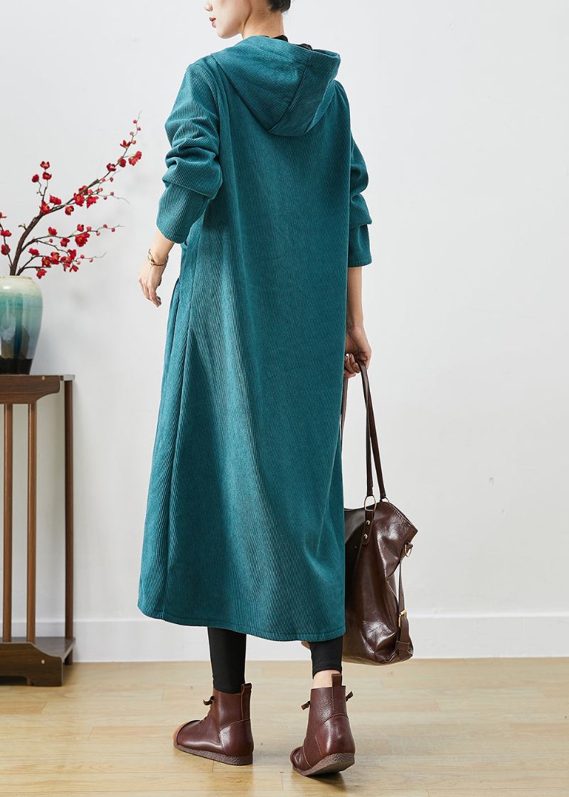 Peacock Green Overdimensjonert Varm Fleece Cordfløyel Trench Hette Vinter - Trenchcoats for kvinner