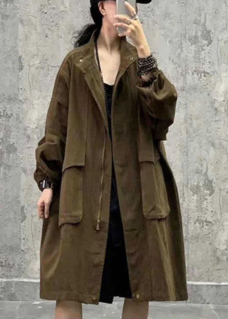 Plus Size Army Green Stand Krage Glidelås Lommer Fall Langermet Trench Coat - Army Green