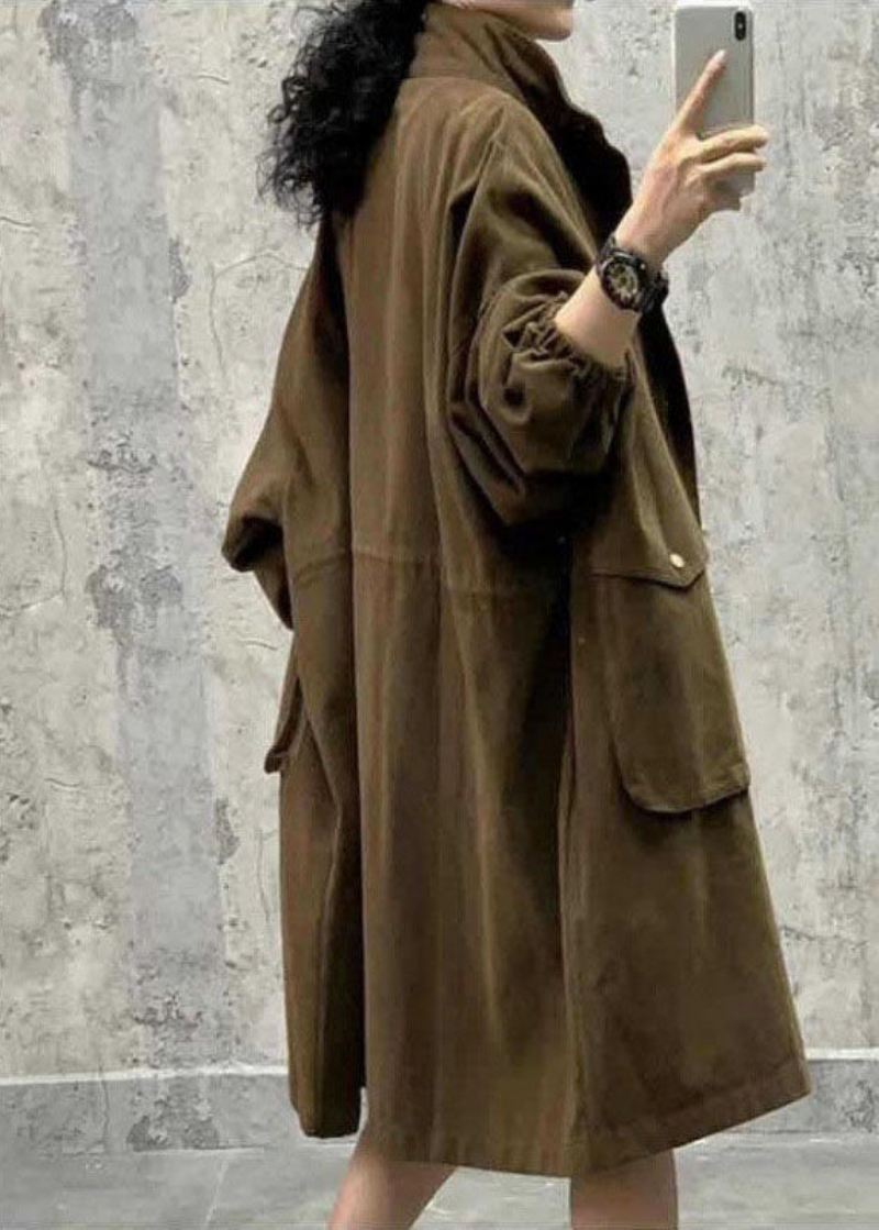 Plus Size Army Green Stand Krage Glidelås Lommer Fall Langermet Trench Coat - Army Green