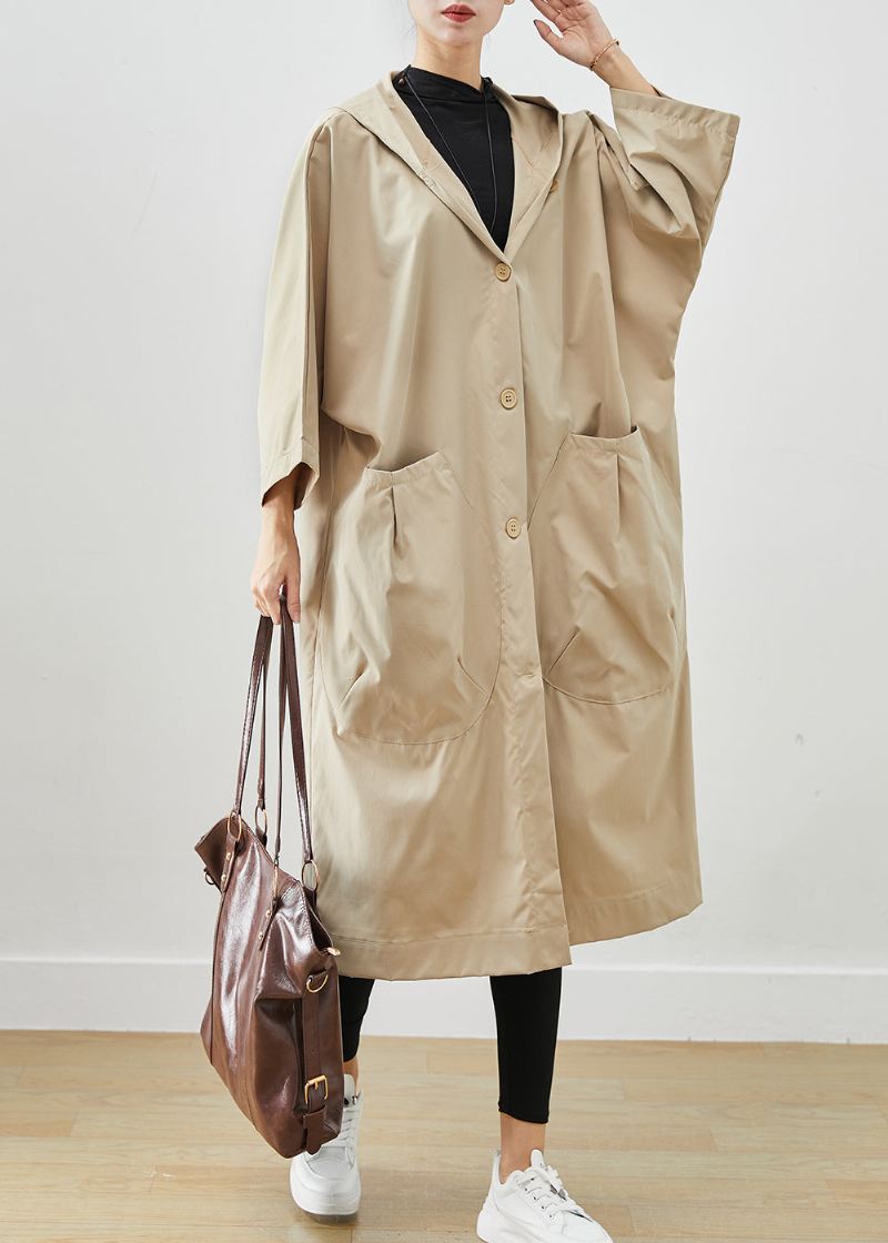 Plus Size Beige Hette Oversized Cotton Coats Batwing Sleeve